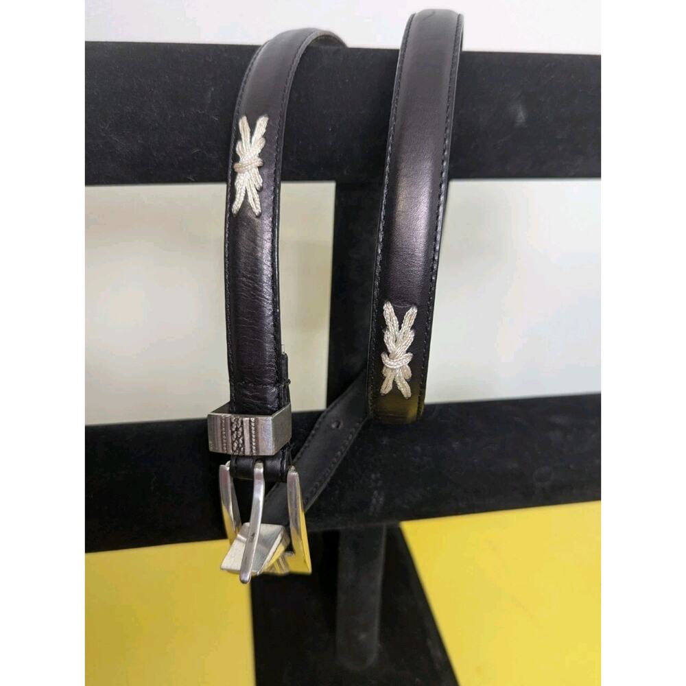 VTG Woolrich Black Leather Belt Silvertone Buckle Womens Cream Knot Detail 40" L